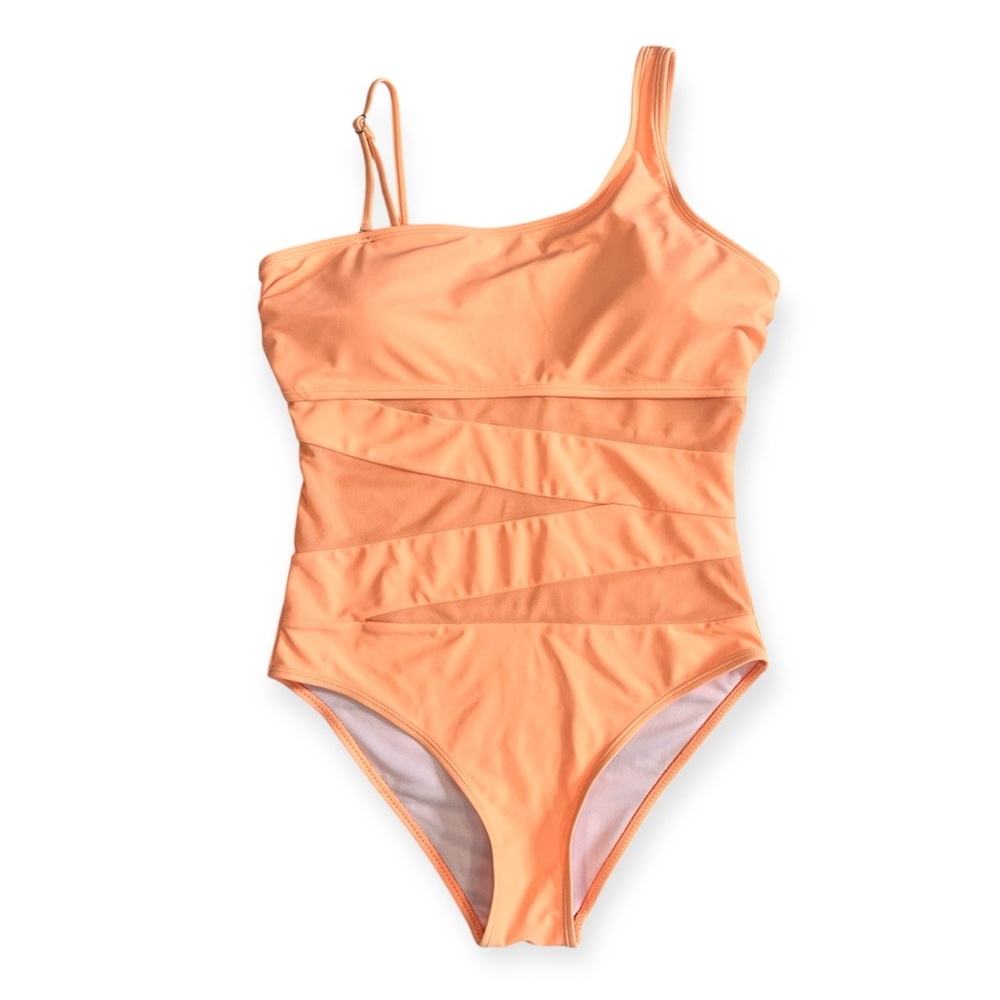 Womens Padded One Piece Swim Suit Mesh Cut Outs Beach Size Medium Neon Orange